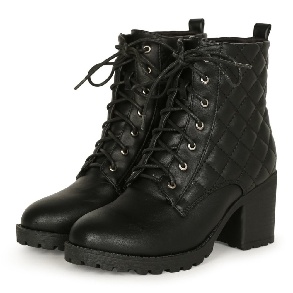 Women Booties Mid Heels Lace Up Detail With Quilted Upper Black